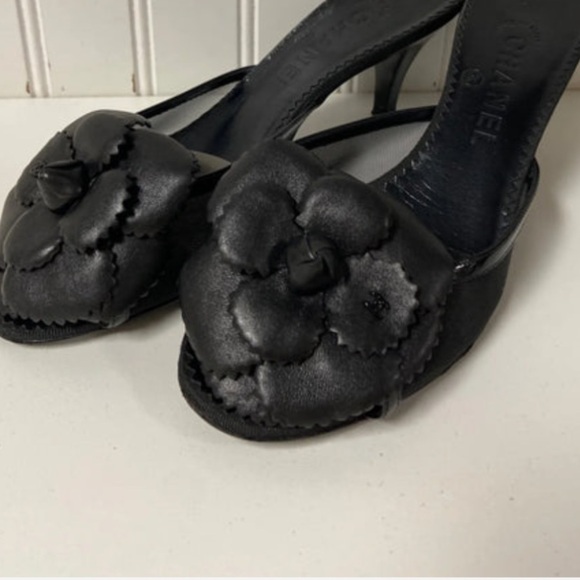 Chanel Lambskin Mesh Camellia Mules logo black kitten heels spring designer - Picture 6 of 8